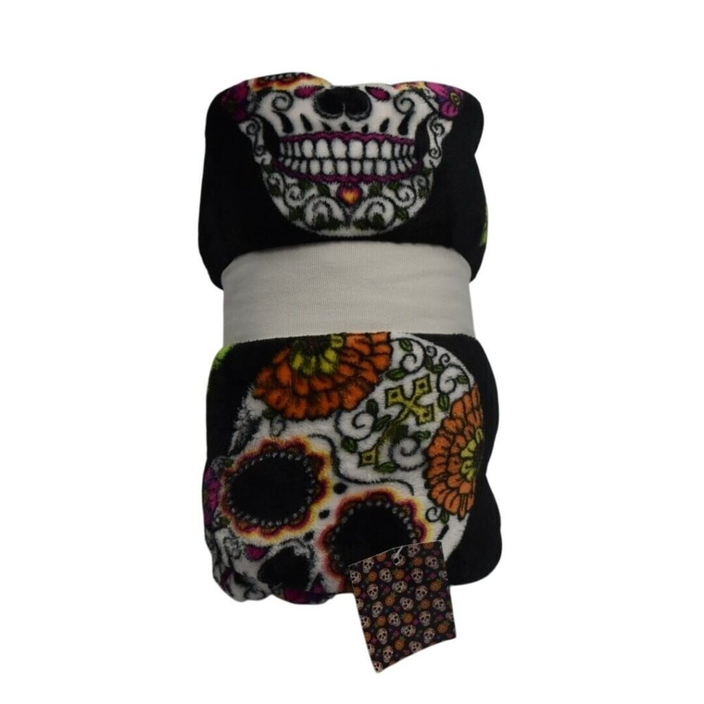 Sugar Skull Flower Plush Fleece Throw Blanket 50X60 Día de los Muertos Halloween